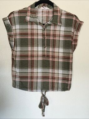 Love Crazy Brand S Plaid Tie-Hem Crop Top - Olive Pink
